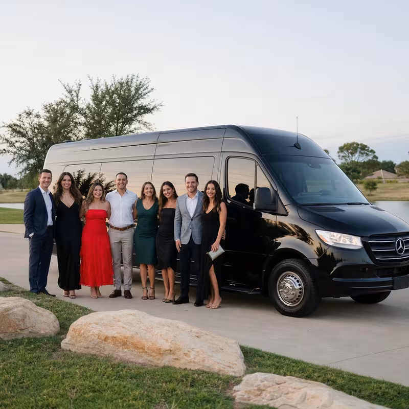 Group beside a Mercedes Sprinter limo from the Plano fleet