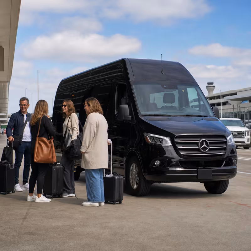 Group boarding a white charter bus for Airport Transportation transportation in Plano