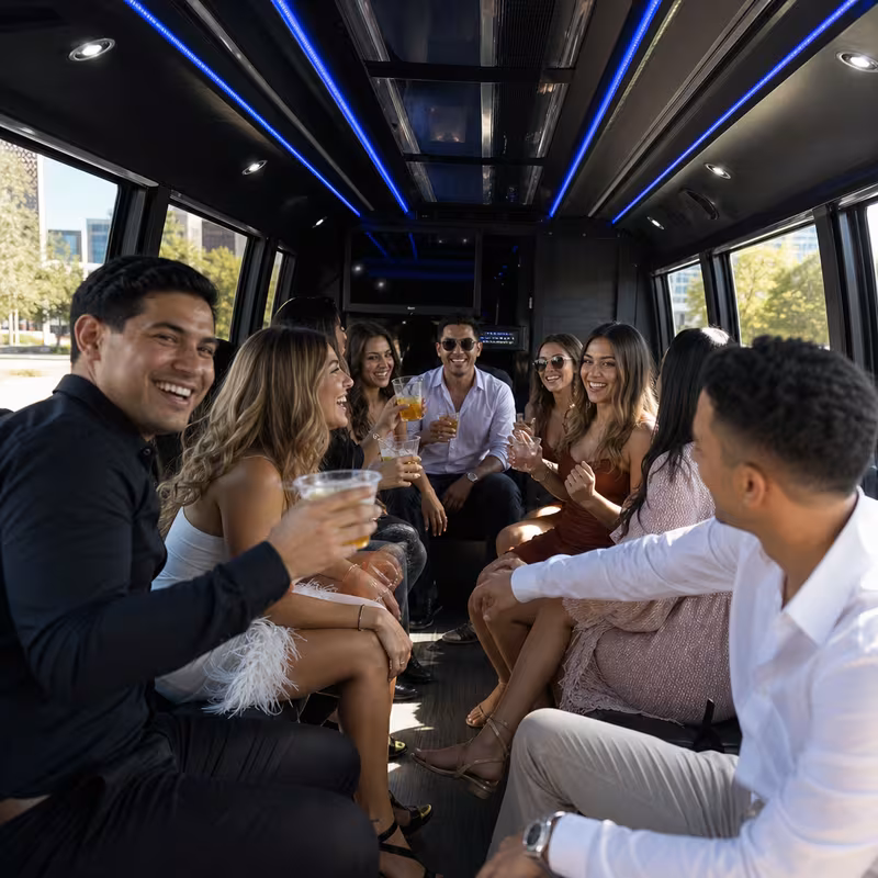 Party bus interior with wraparound leather seating and LED lighting in Plano