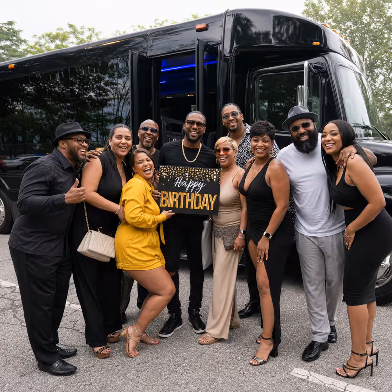 Group boarding a white charter bus for Birthday Transportation transportation in Plano