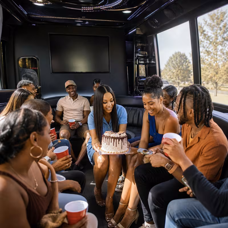 Black Mercedes Sprinter van staged for an Plano Birthday Transportation group