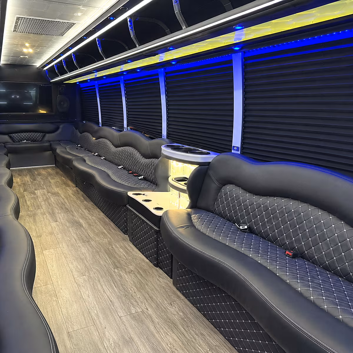 Interior of a party bus rental serving Plano