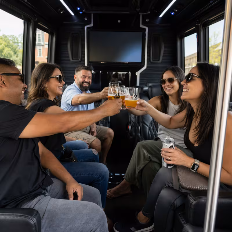 Black Mercedes Sprinter van staged for an Plano Winery & Brewery Tour Transportation group